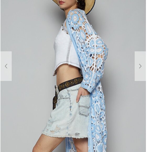 POL WOmen Blue Crochet Floral Duster Long Boho NEW - Picture 2 of 4